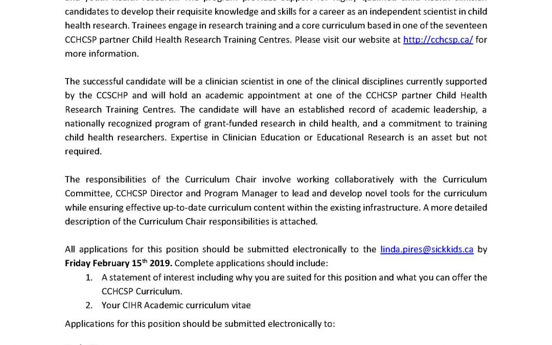 Call for Applications: Curriculum Chair The Canadian Child Health Clinician Scientist Program