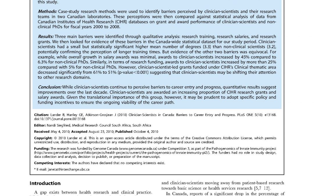 Clinician-Scientists in Canada: Barriers to Career Entry and Progress